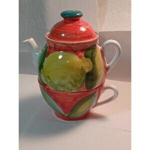 Beautiful Citrus Italian Tea for one set is a nested teapot & tea cup in one!